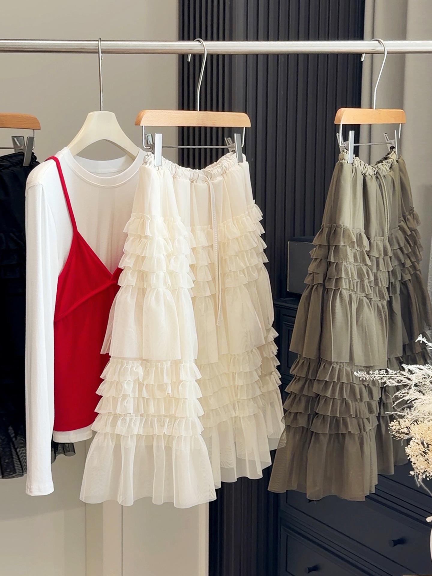 

Korean Style Layered Lace Midi Skirt with Elastic Waist - Spring Fluffy Gauze Skirt for Women One Size абрикосовий