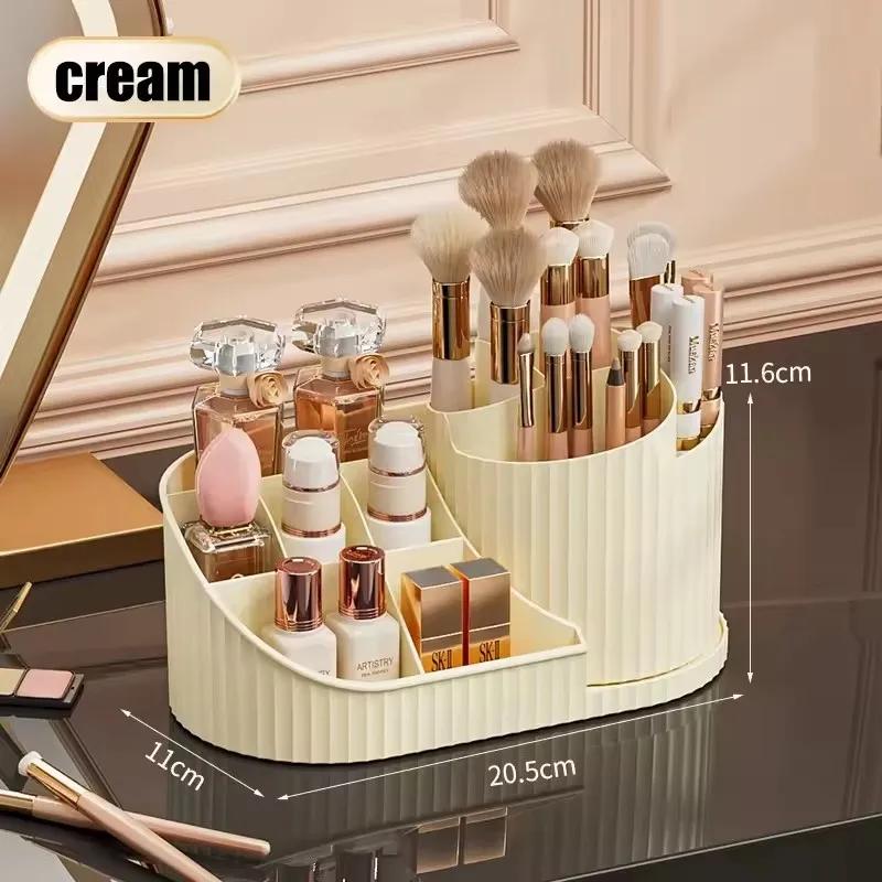 

360° Rotating Vanity Makeup Organizer with Brush Holder, Large Spinning Cosmetic Storage for Skincare, Perfumes and Lotions кремовый