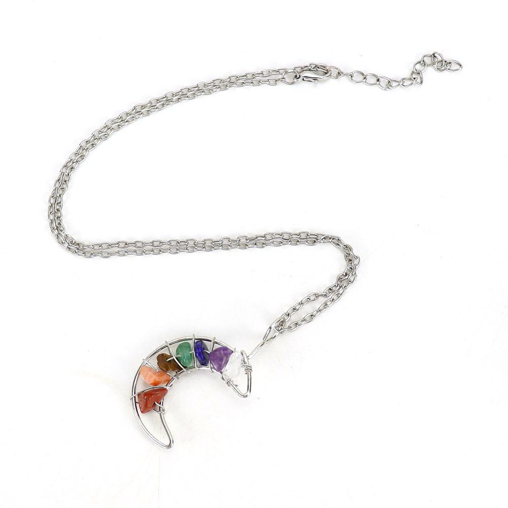 Silver Hand-Wound Colorful Gravel Bead Crystal Amethyst Moon Pendant Necklace N130