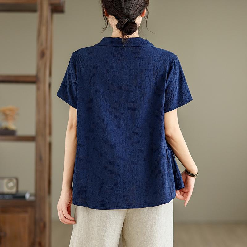 Summer Loose Hemp Collar Short Sleeved Shirt Women's Shirt