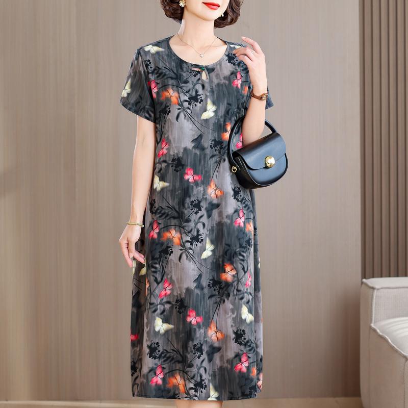 Elegant Long Dresses for Women Plus Size Loose Short Sleeve Vintage Dress Summer Middle-aged Women's Clothing