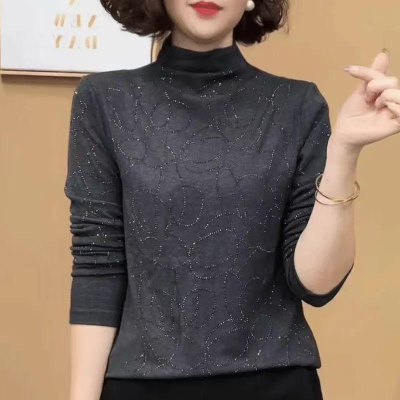

Warm Autumn/Winter Rhinestone Long Sleeve Top for Women - Stylish, Age-Reducing, and Belly-Covering. 4XL чорний