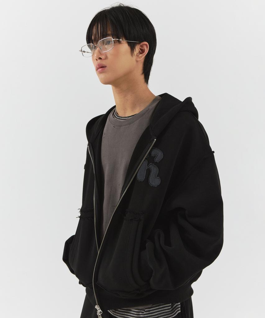 Parakeet Cutoff Applique Zip-Up Hoodie (Black)