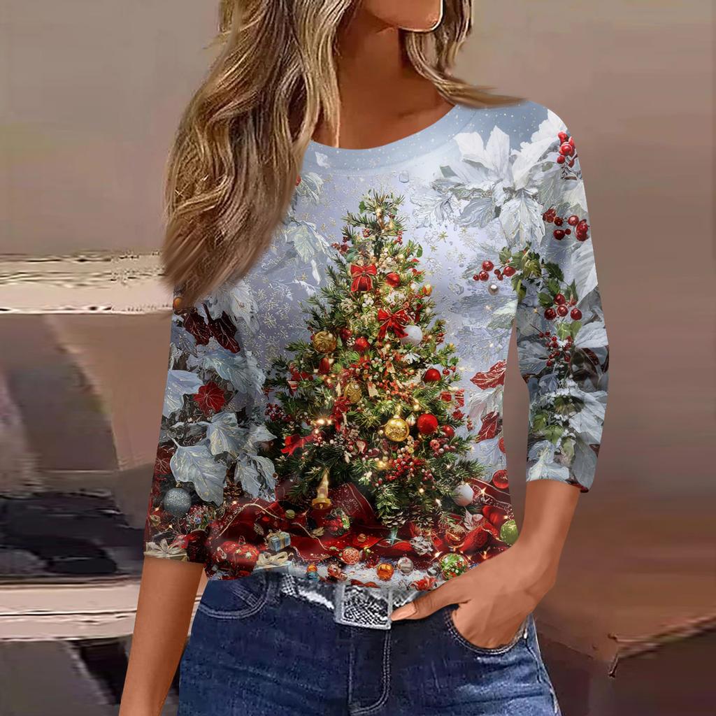 3/4 Sleeve Shirts For Women Print Graphic Tees Blouses Casual Plus Size Basic Tops Pullover