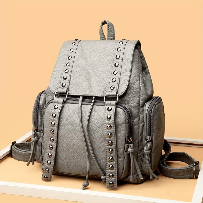 Fashion Rivet Flap Backpack, Punk Style Drawstring Daypack, Vintage PU Leather Travel Schoolbag