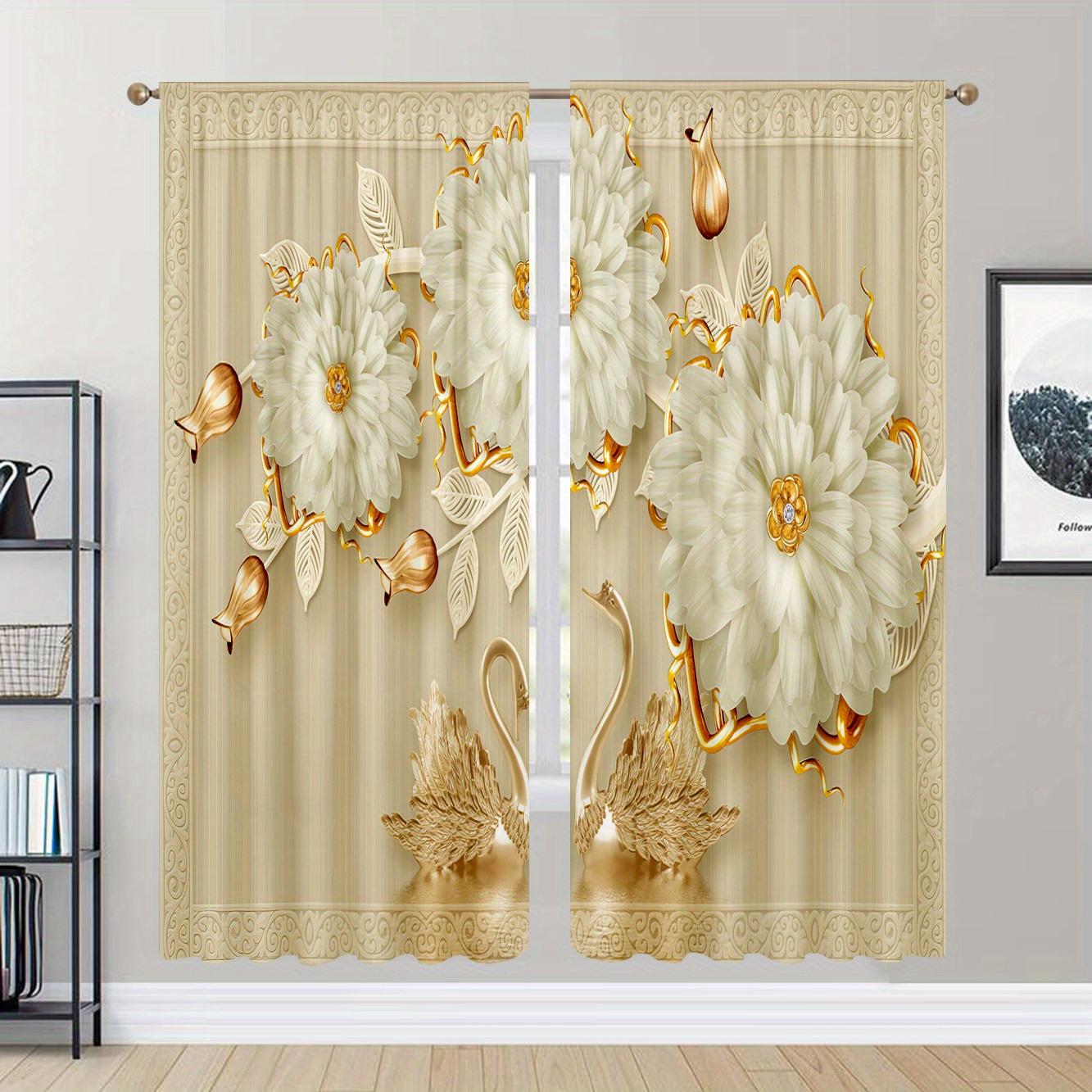 

2 шт. Элегантные золотые шторы с принтом цветов и лебедей для домашнего декора, карманные шторы для окон, спальни, офиса, кухни, комнаты 100W130H(CM)40x51in&Rod Pocket
