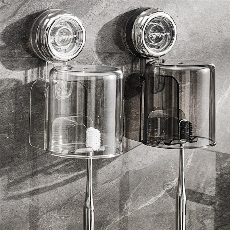 Removable Suction Cup Toothbrush Holder With Water Cup Cover For Bathroom Toothbrush Storage Organizer For Shower Durable B