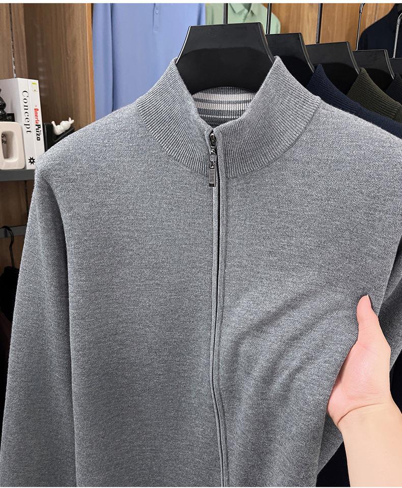 Men's 48-Count Double-Strand Wool Silk 16-Gauge Zipper Sweater Coat, Warm Thickened Knit Cardigan for Autumn/Winter