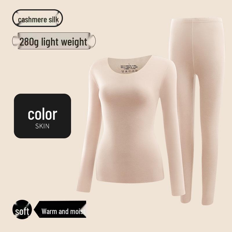Women's Cashmere Silk Thermal Underwear Set - Seamless, Slim Fit, Round Neck for Autumn/Winter.