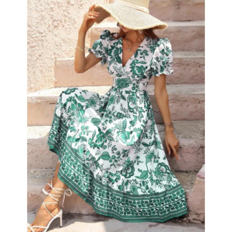 Damska sukienka midi z dekoltem w szpic, krótkim bufiastym rękawem, dopasowany kolorystycznie kwiatowy nadruk, wysoki obcisły