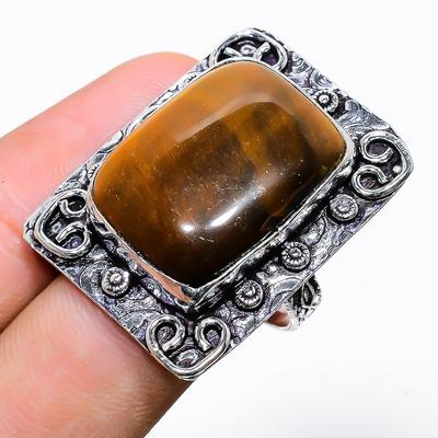 Natural Tiger Eye Gemstone Handmade 925 Sterling Silver Ring Size 7.5 G6g84