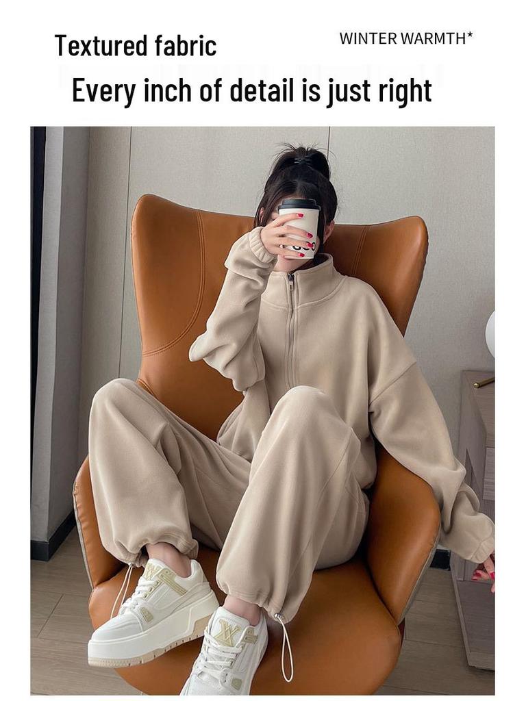 Women's 2024 Double-Sided Fleece Tracksuit: Cozy Yoga Jacket & Casual Warm Pants for Autumn/Winter Fitness.