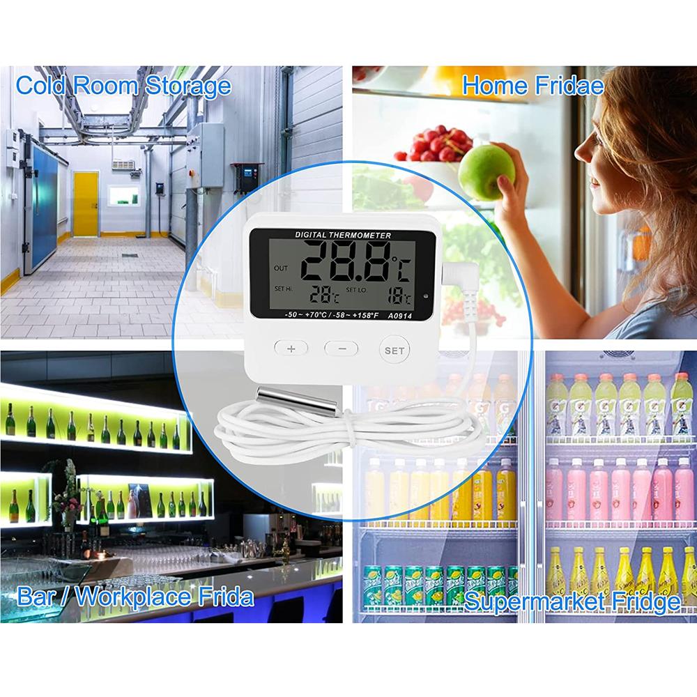 Digitales Kühlschrankthermometer Gefrierschrankthermometer Aquarium Wassertank Messgerät Hoch-Niedrig-Temperaturalarm mit externem Sensor