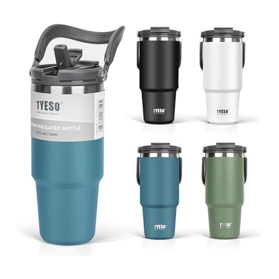 TYESO Tumbler with Straw, 750ml Coffee, Water Bottle, Thermos, Insulation, Cold Insulation, Kettle with Handle, Vacuum Insulated, Double Walled, Wide