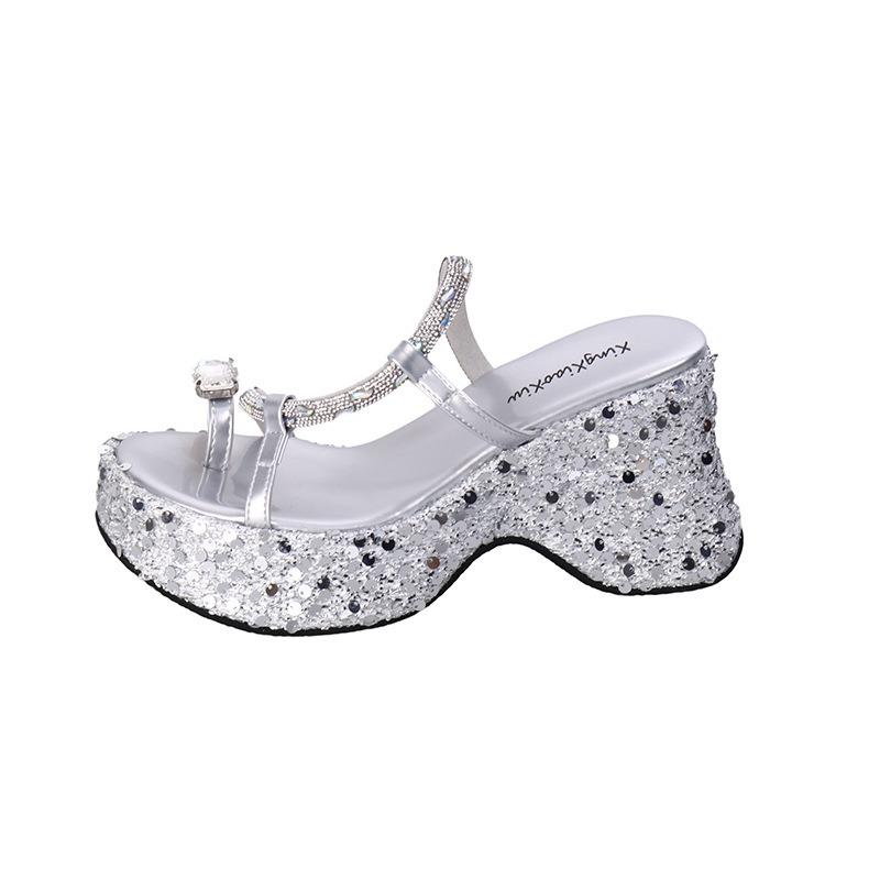 Sequined Wedged Slippers Femininity Thick-soled Outer Wear Summer Small Man Set Toe Rhinestone Cold Slippers