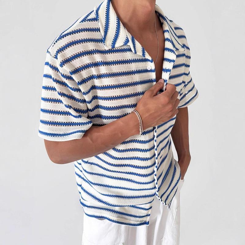 Men's Striped Knit Short Sleeve Button Up Shirt Casual Breathable Fashion Top for Summer Daily Wear