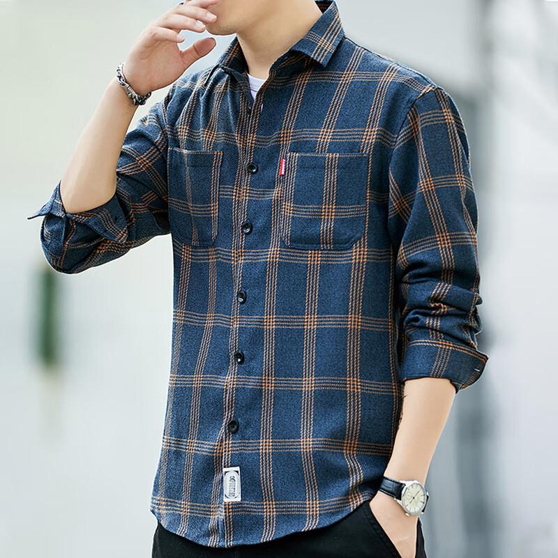 ROMON Men's Plaid Long Sleeve Button-Down Shirt