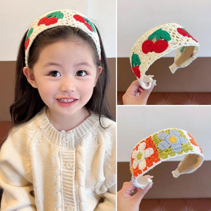 Children's sweet knitted embroidery wool flower headband girl finishing broken hair artifact wide edge headband hair accessories hairpin