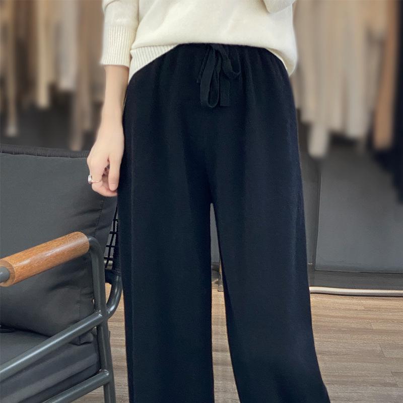 

Жіночі штани з широкими штанинами з 100% чистої вовни - З високою посадкою, Потовщені, Повсякденні, Довгі, для носіння восени/взимку, Кашемір, Прямі штанини. XXL