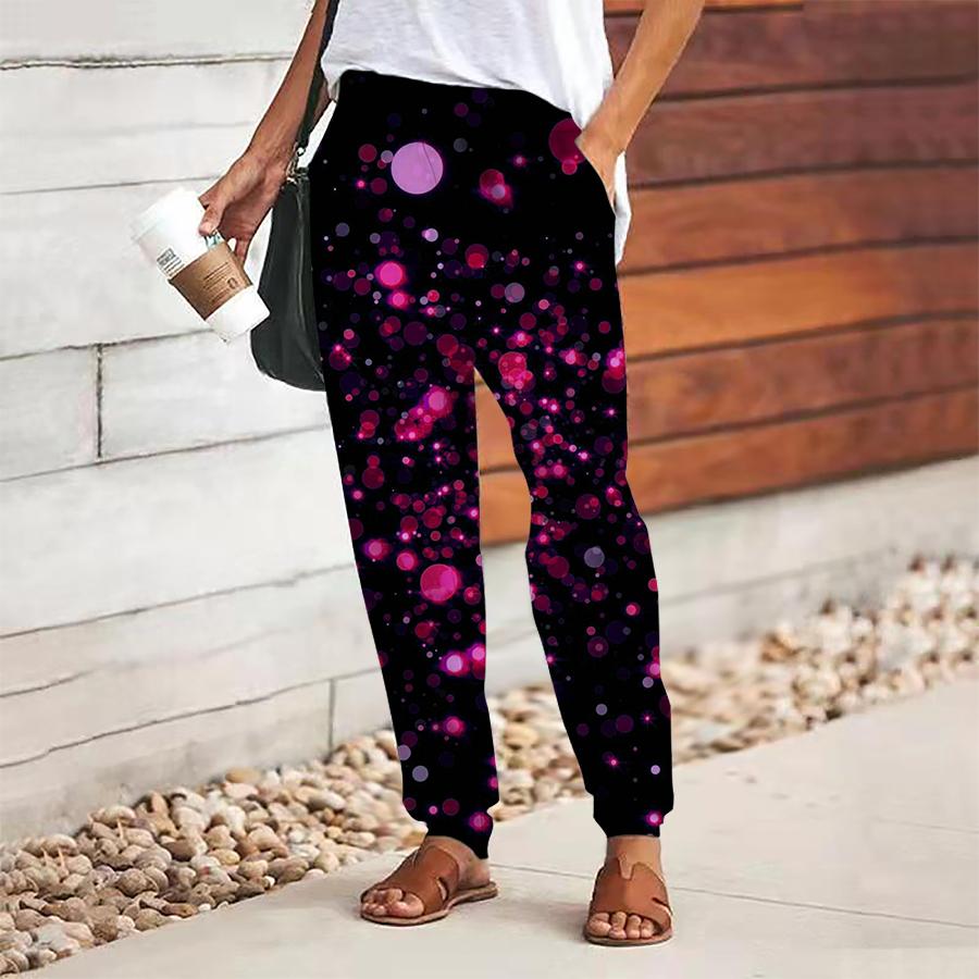 Women Glitter Printing Pants Lace Up Elastic Waist Loose  Trousers Casual Long Pants Trousers with Pockets