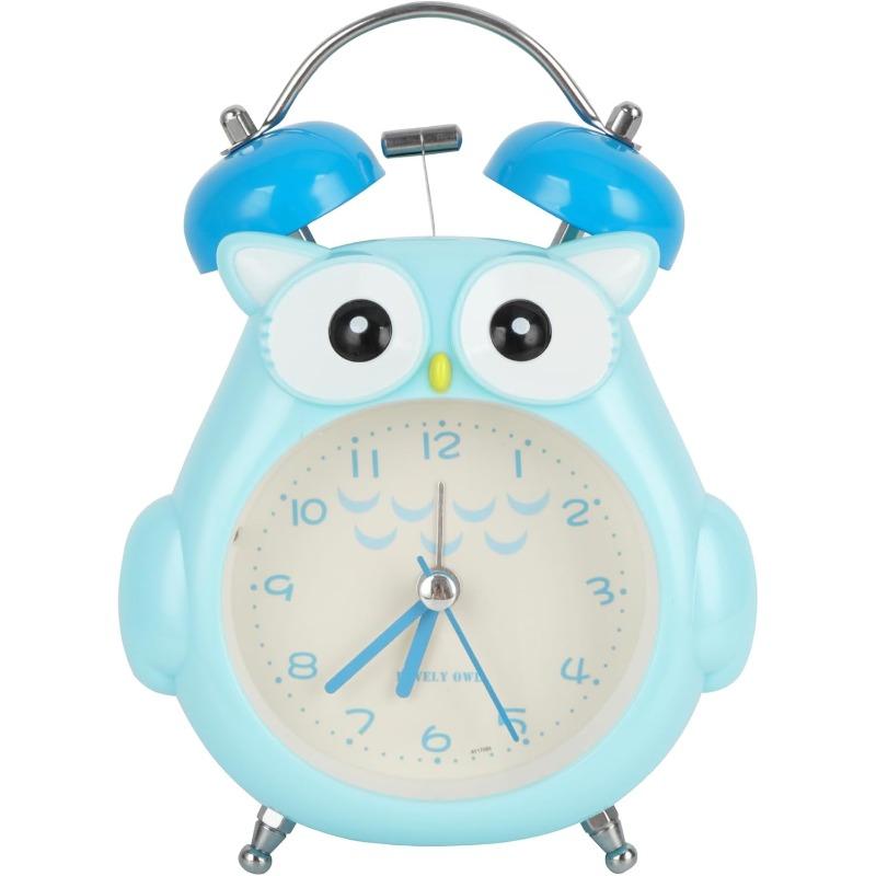 

Детский будильник с милой мультяшной совой, громкий звонок, не тикающие настольные часы с ночником синий