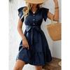 Short Sleeve Summer Polka Dot Dress Fashion Loose Lace-up Slim Fit Casual Party Dress Splice Elegant Buttons A-line Short Dress Holiday Sweet Clothing