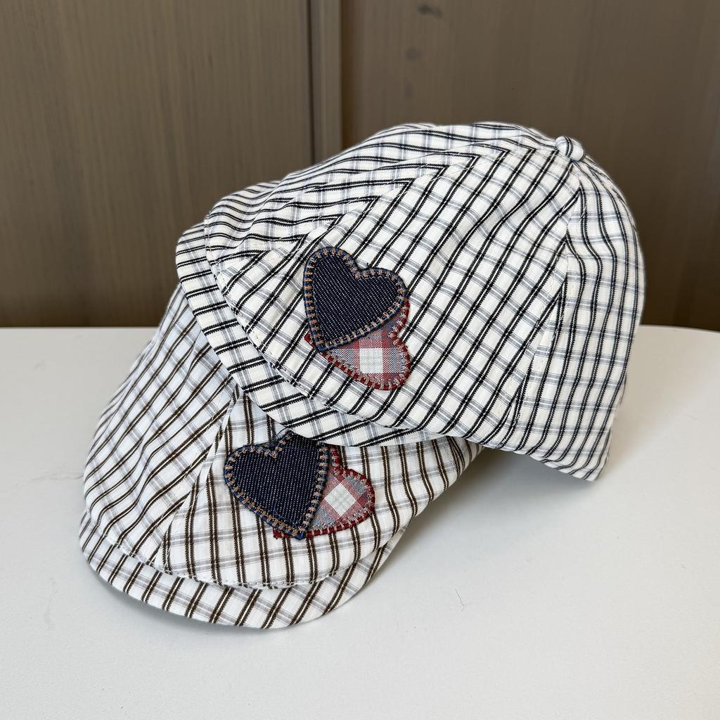 New retro plaid forward hat women's spring and summer love patch fresh color beret show face little painter hat