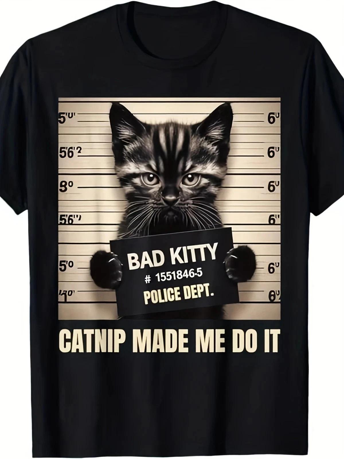 Funny Cat Mugshot Made Me Do It Graphic T-Shirt Pet Lover Humor Tee M