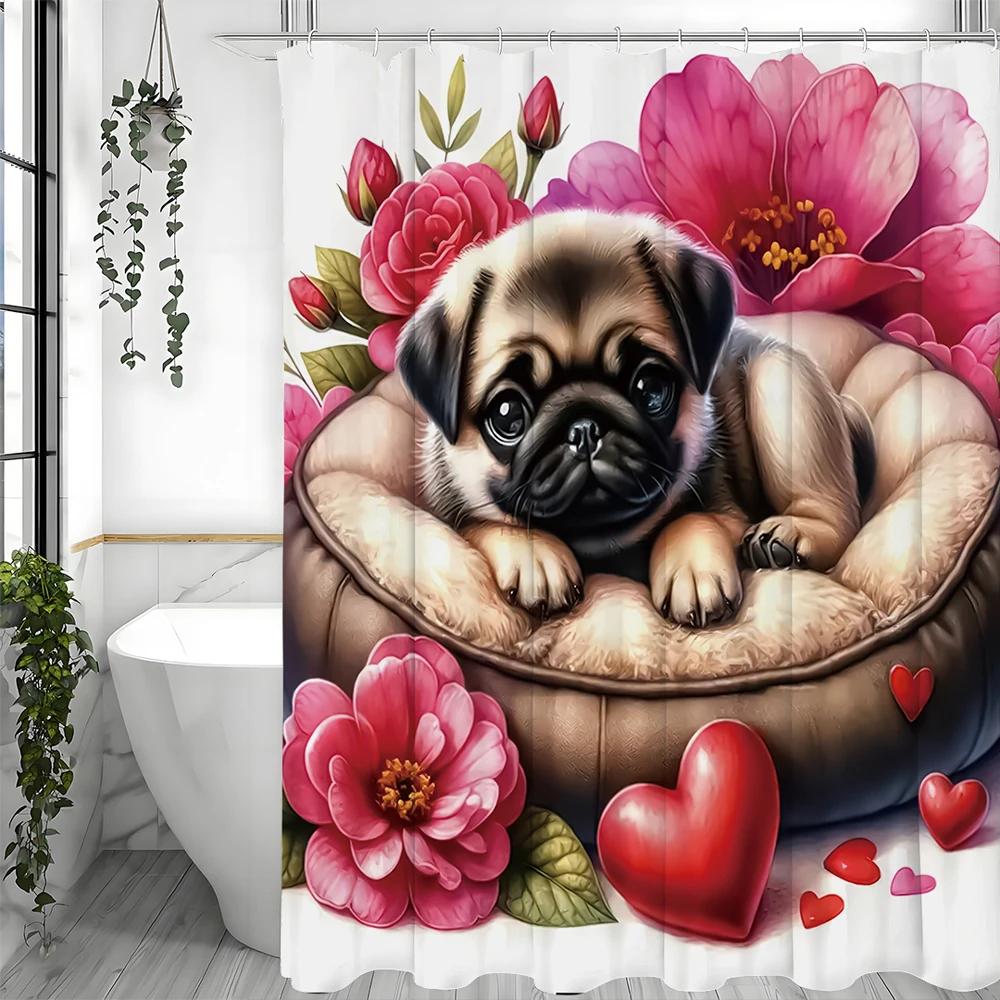Urocza Zasłona Prysznicowa z Psem, Kwiatem i Napisem Love, Dekoracyjna Zasłona Prysznicowa do Łazienki, Wodoodporna Zasłona Prysznicowa z Haczykami
