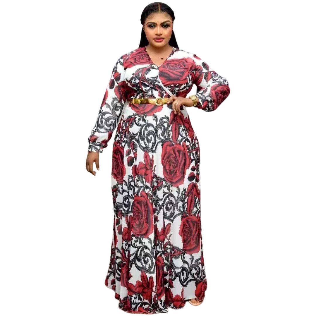 

Большой размер, женское весенне-осеннее модное платье с длинными рукавами, женское цельное длинное платье с v-образным вырезом и принтом XL красный