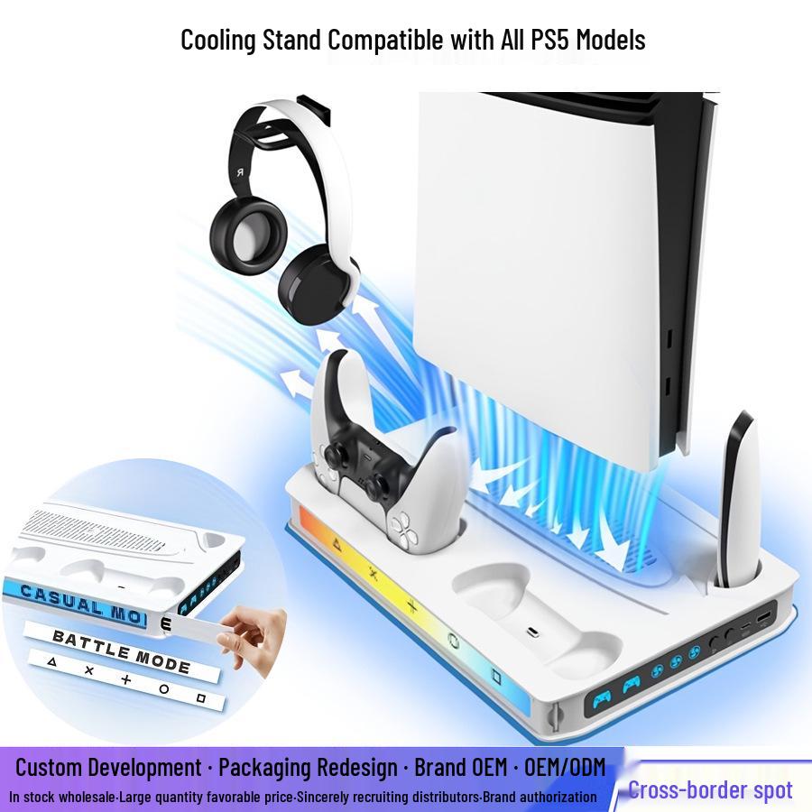 

Охлаждающая и зарядная подставка для консоли PS5 Slim/Pro с RGB-подсветкой и держателем для наушников белый
