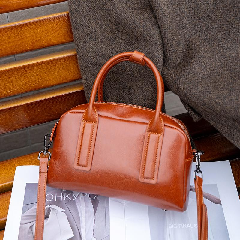 NEW Women's Chic Genuine Leather Bowling Bag Luxury Designer Handbag Soft Waxed Cowhide Ladies Crossbody shoulder Bag