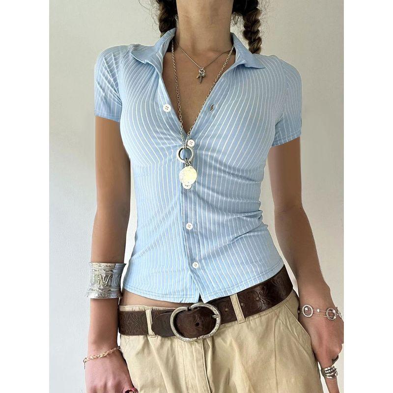 

Polo Collar Striped Slim Fit Shirt Toppolo Collar Stripes Waist-Tight Silm Shirt Blue S