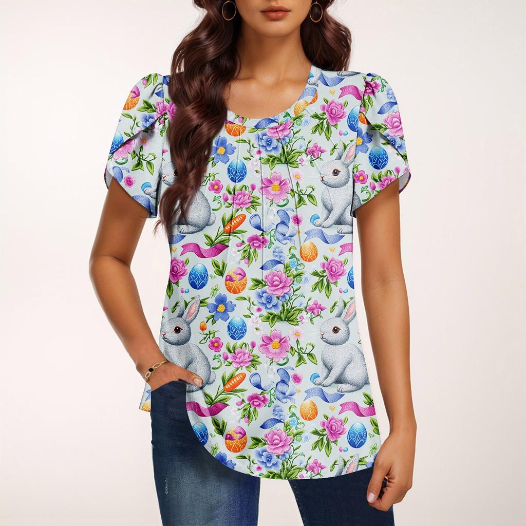 Women's Fashionable Round Neck Short Sleeve Printed Casual Basic Pleated Pullover T-shirt Top