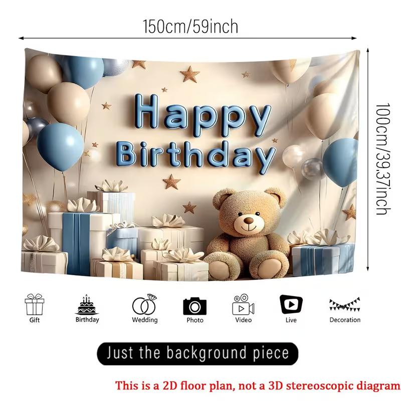2D Neutral Blue & Beige Teddy Bear "Happy Birthday" Backdrop with Gifts & Balloons