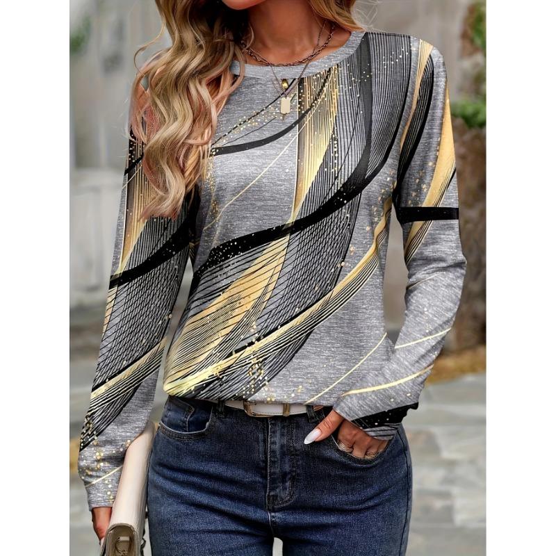 Tricou elegant cu dungi imprimat 3D pentru femei, la modă, cu mânecă lungă, gât rotund, topuri normale, weekend de vacanță, primăvară, toamnă