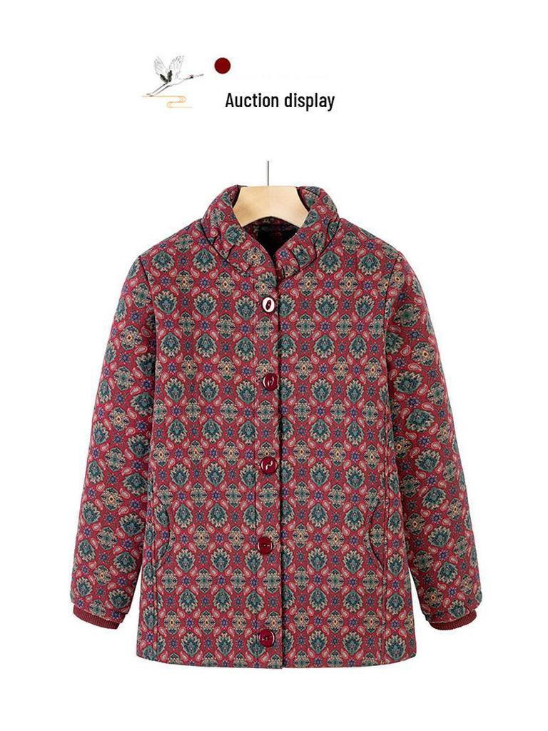 Floral Velvet-Lined Winter Coat for Middle-Aged and Elderly Women