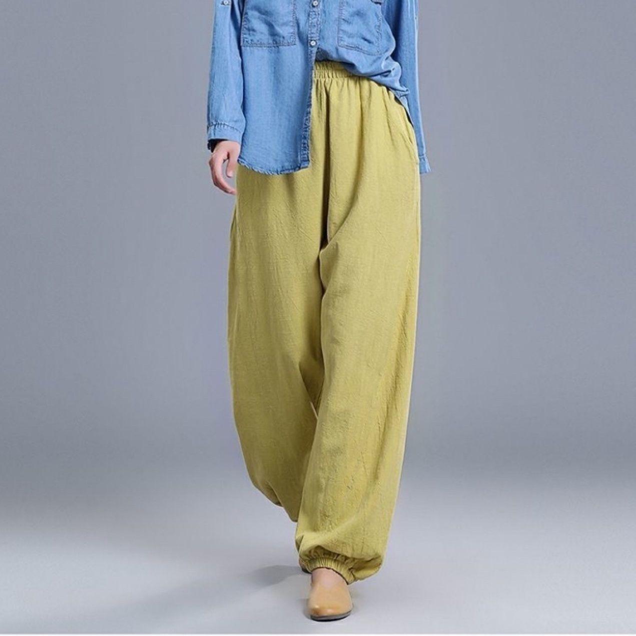 

Свободные повседневные хлопковые льняные женские брюки широкого кроя Nine Points Lantern Pants Удобные художественные брюки 5XL желто-зеленый