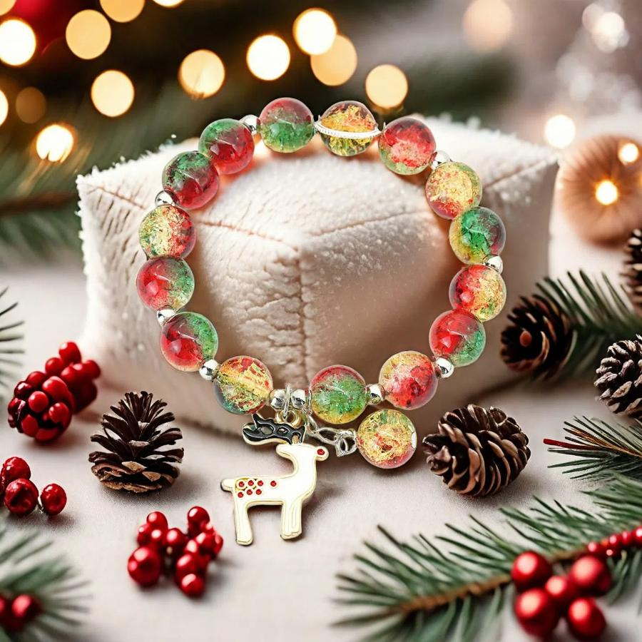 

New Fashion Women Christmas Bracelet 10mm A Grade Glass Beads Charm Braclet Perfect Gift For Her Snowman Deer Pendant Braslet оленевий