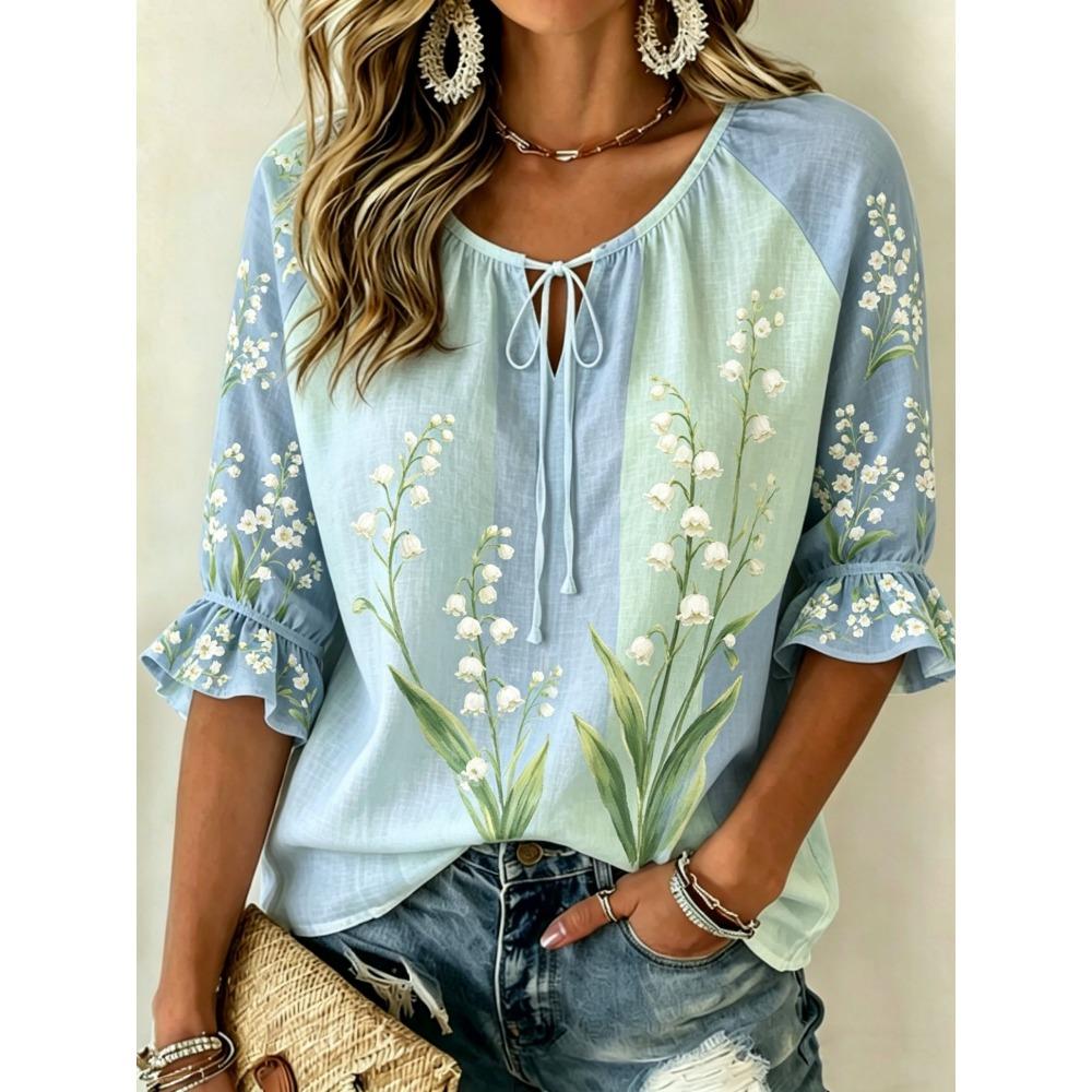 Women's Ditsy Daisy Floral Print Tie Neck Blouse, Ruffle Half Sleeve Light