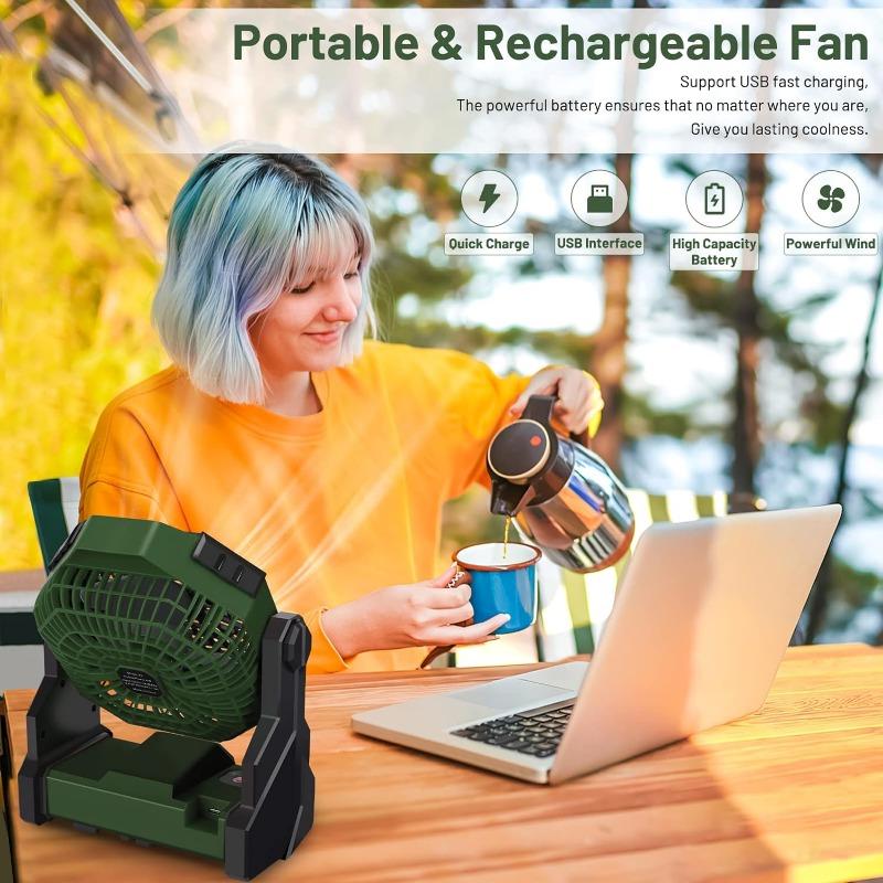 Camping Fan with LED Lantern, Rechargeable Battery Powered Fan with 270°Head Rotation, Stepless Speed for Picnic,Fishing, Travel