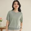 Spring Cotton Knit Short Sleeve Outerwear - Round Neck Loose Fit Solid Color Top