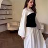 2023 Autumn Black & White Patchwork Waist-Slimming Socialite Maxi Dress for Women