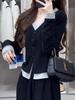 Women's Black V-Neck Fake Two-Piece Cardigan T-Shirt, Spring/Autumn Slim-Fit Style