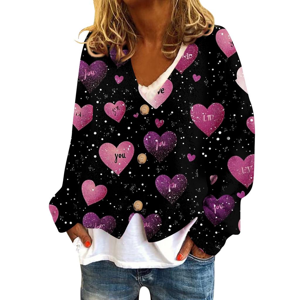 Women's Fashion Short Jacket Casual Long Sleeve Valentine's Day Printed Single Breasted Plush Top