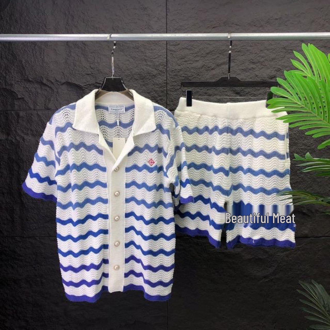 

European Style Short Sleeve Knit Set with Wave Stripe Patchwork Pattern - Unisex Fashion L