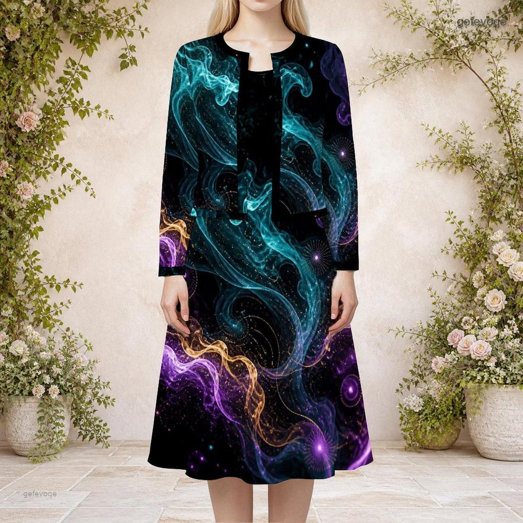 Damen Plus Size Rundhals Langarm Cardigan mit Galaxie-Print und Kleid Zweiteiliges Set