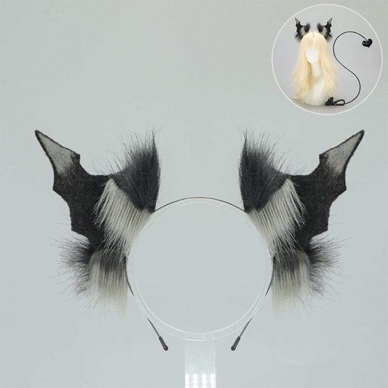 1Pc Faux Furs Bat Ears Headband Hairband Devil Tail Demons Costume Accessories for Carnival Halloween Cosplay Party Props