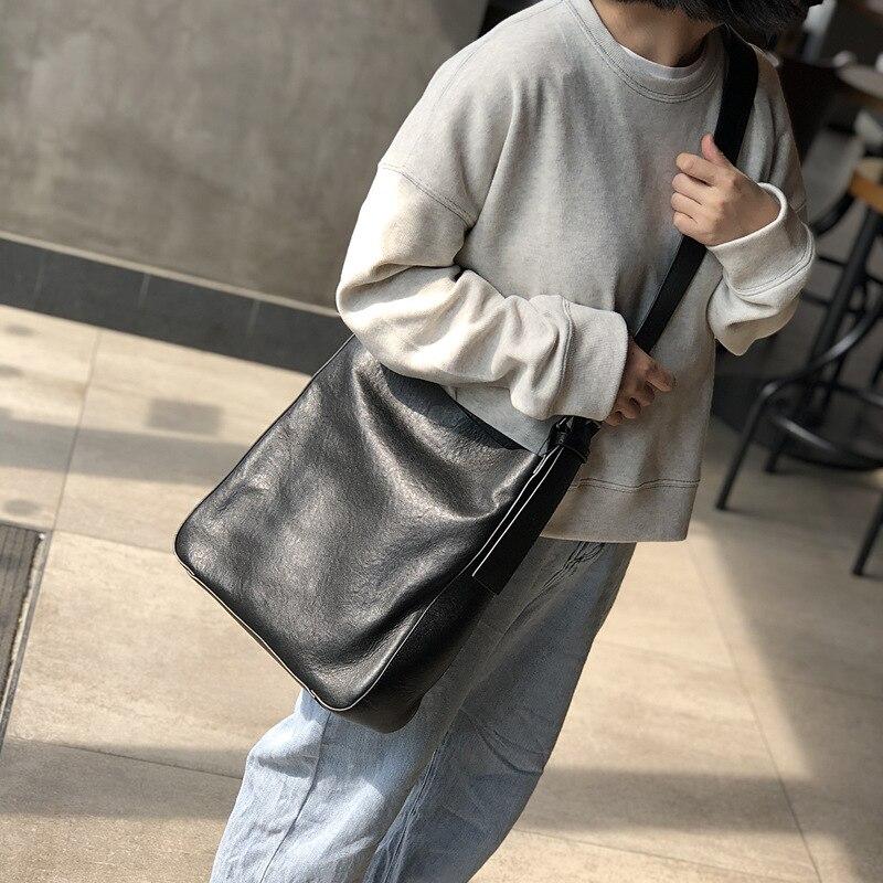 Leisure Women Big Bag Genuine Leather Wide Belt Bucket Bag Soft First Layer Cowhide Shoulder Bag
