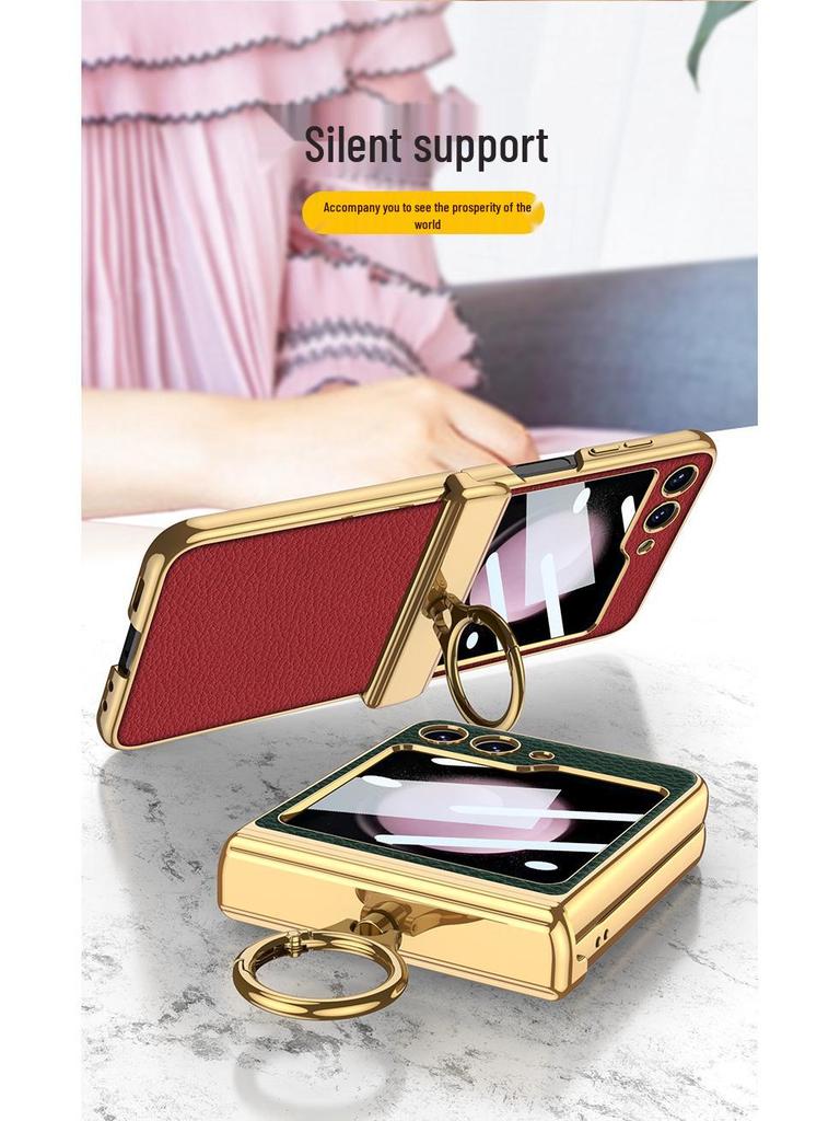 ZFlip5 Magnetic Hinge Leather Ring Case - Foldable Screen, Creative & Simple Design